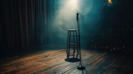 Microphone and stool on empty stand up comedy stage before start of performance. Music concert, show or interesting speech at club. Karaoke bar. Fun comedian night.