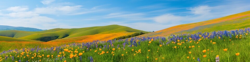 A field of flowers with a blue sky in the background