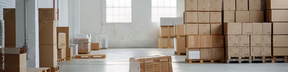 Aufkleber a warehouse with many boxes stacked on top of each other. the boxes are mostly cardboard and are pil