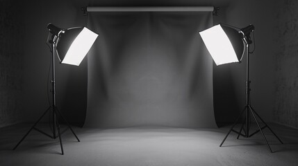 A backdrop photo background illuminated by lamps, featuring a studio setting with a gray background highlighted in the center and a visible floor. This serves as a typical photo studio background.