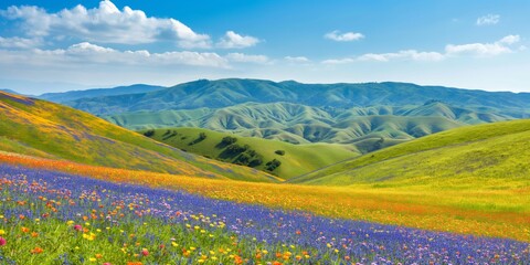 Fototapeta premium A beautiful, colorful field of flowers with a clear blue sky in the background. The field is full of wildflowers and the sky is bright and sunny