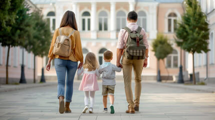Naklejka premium A family of four is walking down a sidewalk, with a young girl wearing a pink dress. The family is carrying backpacks and handbags. Concept back to school