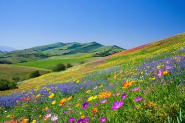 Fototapeta premium A beautiful, colorful field of flowers with a clear blue sky in the background. The field is full of different colored flowers, including yellow, purple, and pink. The scene is peaceful and serene