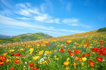 A field of flowers with a blue sky in the background. The flowers are yellow, orange, and red