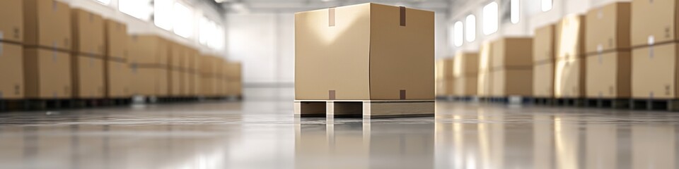 A pallet of cardboard boxes is sitting on the floor in a warehouse. The boxes are stacked in rows, and the pallet is the only one that is not