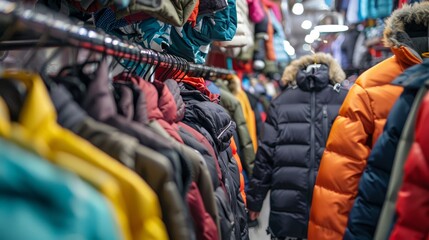 Selecting cold weather attire at wholesale market with variety of thermal gear in modern scene
