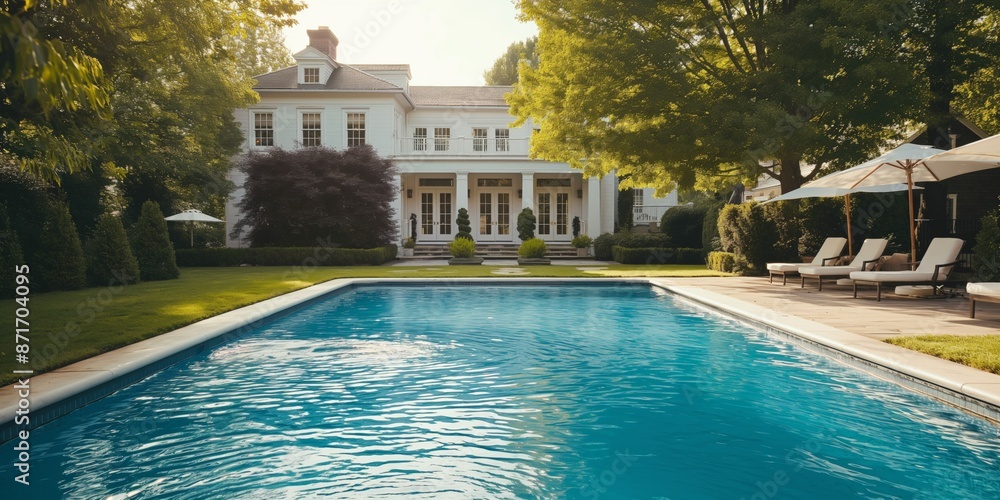 Poster a large pool with a white house in the background. the pool is surrounded by trees and has a white u