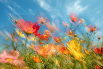 Obraz premium A blurry image of a field of flowers with a blue sky in the background. The flowers are in various colors, including pink, yellow, and orange