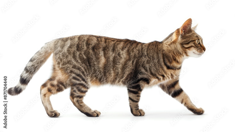 Poster striped cat with curious expression walking and looking up in profile on white background