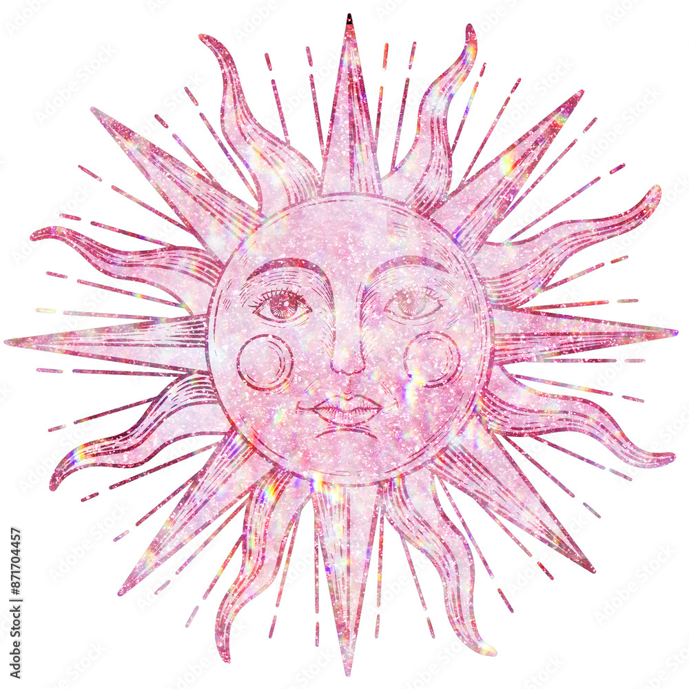 Wall mural Pink holographic sun with a a face sticker overlay design element