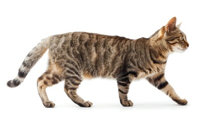 Striped cat with curious expression walking and looking up in profile on white background