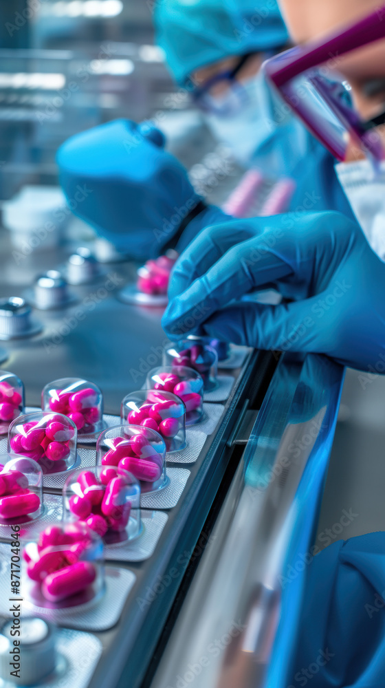 Poster a person is working with pills in a lab