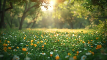 Obraz premium A serene forest glade with wildflowers and a soft breeze, ample copy space
