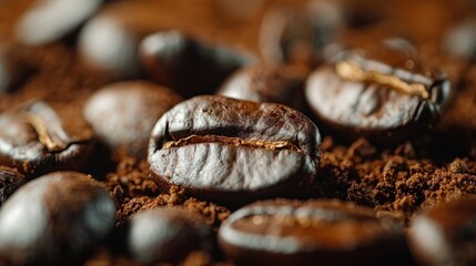 Obraz premium Roasted coffee beans on ground coffee