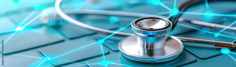 Aufkleber a medical device is displayed on a blue background with a network of lines