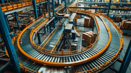 Obraz premium Conveyor Belt System in a Modern Warehouse