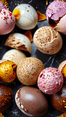 Obraz premium Close up of chocolate truffles and bonbons with a sprinkle of cocoa powder and dried rose petals