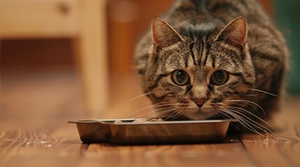Tabby male cat close up with food tray on floor