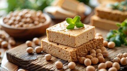 Soy-based plant meat on wooden cutting board
