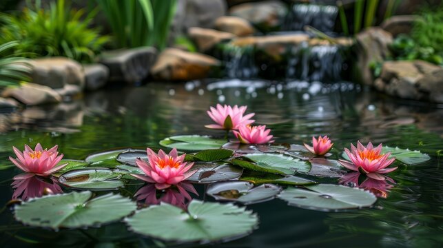 Water lily pond with waterfall in bloom