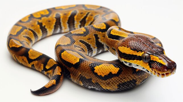 Spotted python against a white backdrop