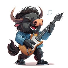 Obraz premium Cute Cartoon Cool Bull Rock Star with Guitar. Illustration for kids