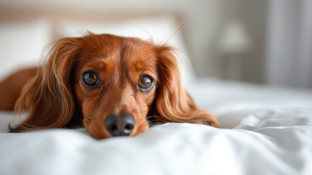 Red and white long haired dachshund lying on bed with a shy expression