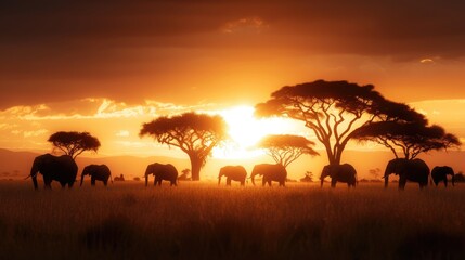 Sunset over the African savanna with silhouettes of acacia trees and a herd of elephants