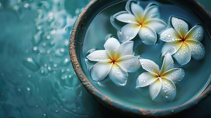A serene spa setting with floating plumeria flowers in a water bowl, ample copy space