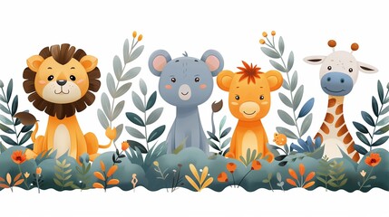 Naklejka premium Adorable Cartoon Lion, Elephant, Lion Cub, and Giraffe Surrounded by Lush Greenery