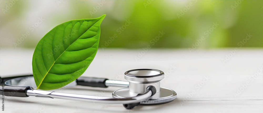 Poster a stethoscope is placed on a table with a leaf next to it