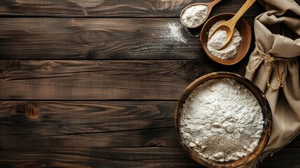 Wooden bowl paper bag and spoon with flour from above Room for text