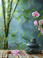 A soothing spa background with bamboo, orchids, and a Zen stone stack, ample copy space