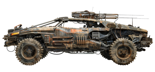 Post-apocaliptyc sportcar with rusty metall parts and spikes isolated on the transparent background