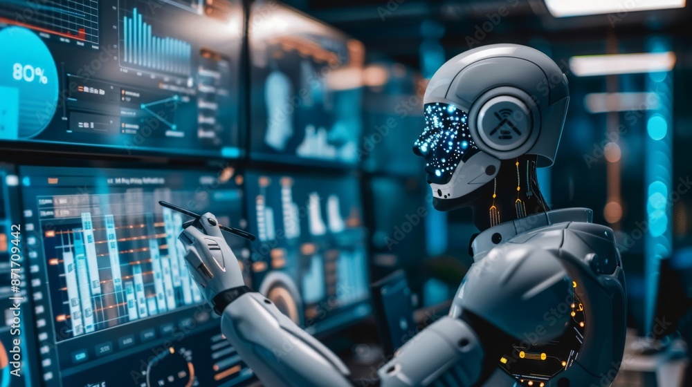 Poster robot analyzing data on a screen