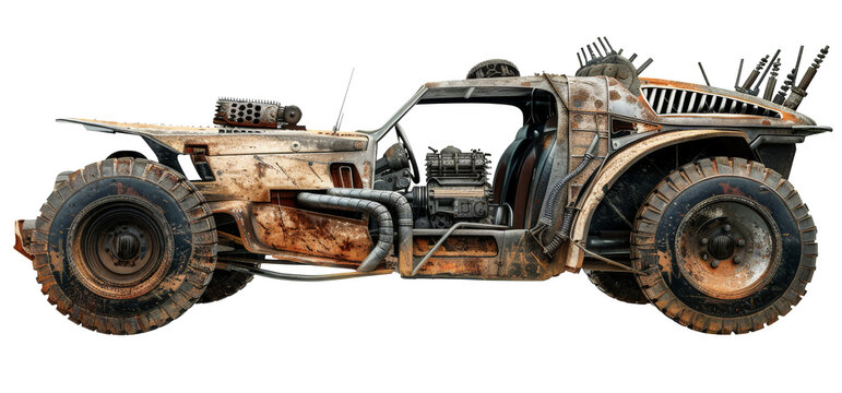 Post-apocaliptyc buggie with rusty metall parts and spikes isolated on the transparent background