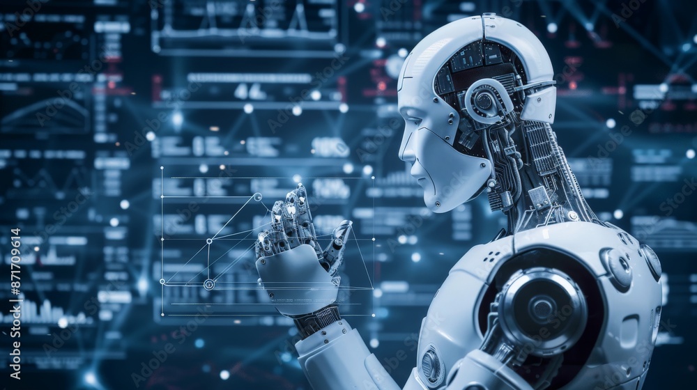 Poster robot analyzing data on digital screen