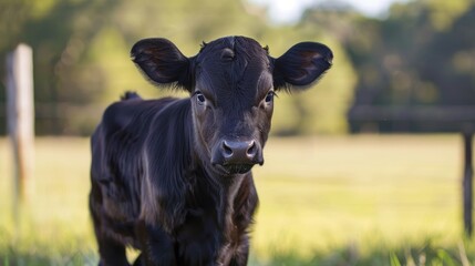 Portrait of a Black Angus calf on a ranch with a blurred background