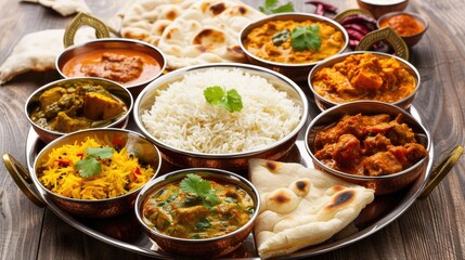 Traditional Indian thali with a variety of curries, rice, naan bread and chutneys