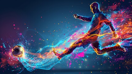 Naklejka premium Abstract colorful illustration of a soccer player kicking a ball, with dynamic lines and vibrant colors.