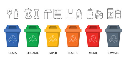 recycle bin separate. garbage different types. waste separation plastic,paper,metal,organic,glass,e waste. recycling infographic. isolated on white background. vector illustration flat design.