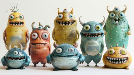 A group of whimsical, colorful, and friendly monsters with big eyes and toothy grins stand in a row.