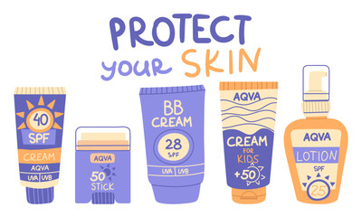 Vector illustration of a bottle of SPF cosmetics with an inscription. Hand-drawn design of a bottle of sunscreen to protect your skin. Inscription protect your skin. UV protection of the skin various2