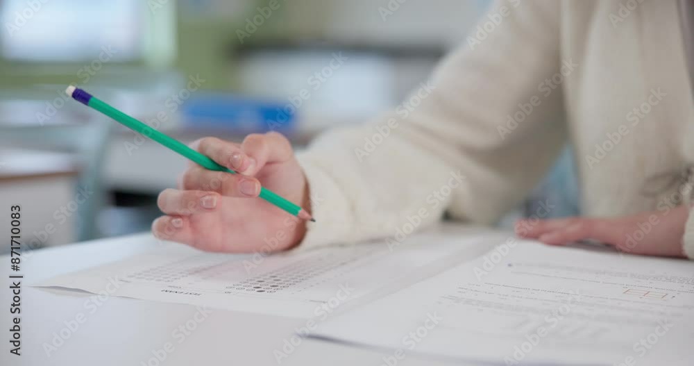 Poster student, quiz and writing answer on exam for education, learning and knowledge at school with paperw