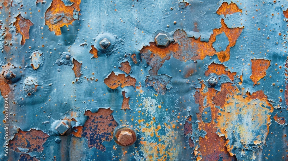 Poster weathered blue metal surface with rust close up view abstract backdrop