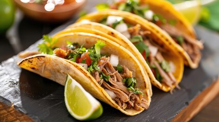 Traditional Mexican tacos with carnitas, fresh salsa and lime wedges