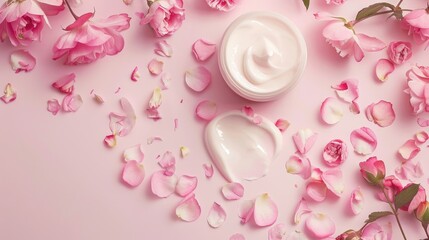 Natural skincare products with floral petals on pink backdrop Beauty treatment for well being