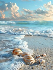 Obraz premium A tranquil beach with seashells and soft waves, ample copy space