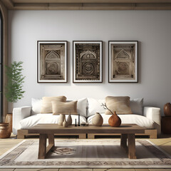 Rustic Coffee Table Near White Sofa with Brown Pillows and Decorative Wall Art, Modern and Cozy Living Room Design