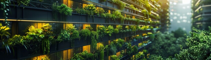 A green wall building with lush foliage and light filtering through.